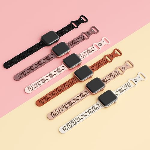 Image of 6 Pack Slim Thin Lace Hollow-out Silicone Bands Compatible with Apple Watch 38mm 40mm 41mm 42mm 44mm 45mm 46mm 49mm Women, Breathable Sport Strap for iWatch Series 11 /10 /9 /8 /7 /6 /5 /4 /3 /2 /1 Ultra SE