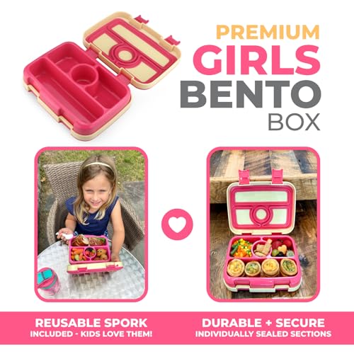 kinsho Bento Lunch Box for Kids Toddlers Girls, 4 Portion Sections Secure Lid, Microwave Safe BPA Free Removable Tray, Pre-School Kid Daycare Lunches Snack Container Ages 3 to 5, Cute Summer