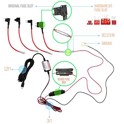 Image of 15ft Micro USB & Mini USB Dash Cam & Type-C Hardwire Kit w. Mini(ACS) /LP Mini(ACN) /ATO(ATC or ACU) /Micro2(ACZ) Fuse, Micro to Mini /USB-C Port Adapters & Battery Drain Protection