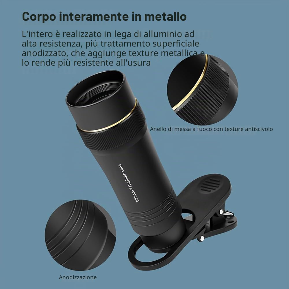 Andoer Obiettivo per telefono cellulare 300 mm per smartphone, zoom 10X, con clip universale per obiettivo, panno per la pulizia, custodia per escursioni, campeggio, osservazione degli animali, luna,