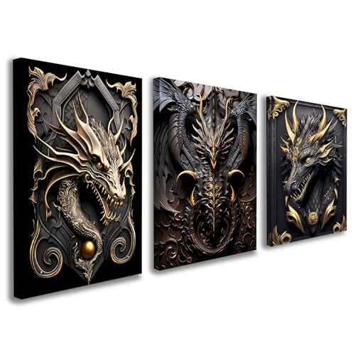 3 Piece Wall Art Framed Canvas Wall Art Modern Abstract Dragon Pictures with Black and Gold Design, Home Decor for Living Room, Bedroom, Office, Gaming Room – Room Decoration with Hooks and Nails, 12x16 Inch