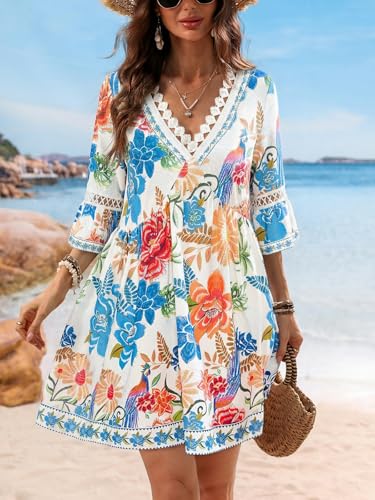 Image of CUPSHE Women V Neck Lace Trim Mini Summer Dress Cover Up 3 /4 Sleeve Ruffled Cuff Casual Sundress Beach Dresses Cover Ups