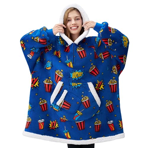 Image of Giggling Getup Wearable Blanket Hoodie for Adults Gifts for Teen Girls Sister Women Sherpa Fleece Printed Hooded Blanket Sweatshirt Warm Cozy with Pocket & Sleeves Blue Popcorn