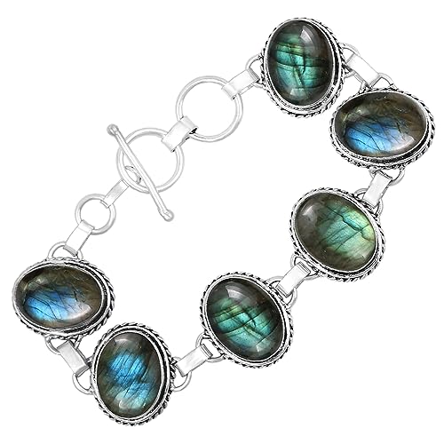 Natural Gemstones 925 Silver Plated Light Weight Trendy Statement Women's Jewelry Bracelets - Vintage Style Birthstone Oval Shape Stones Handmade Adjustable Link Bracelet - Gifts for Her2