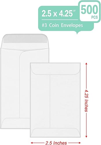 Miniatura 3 de Xxcxpark 500 sobres para monedas #3, sobres de papel kraft blanco de 2-12 x 4-14 pulgadas, sobres clásicos de papel kraft para piezas pequeñas, con
