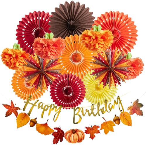 Image of SUNBEAUTY Fall Party Decorations Orange Birthday Decorations Hanging Paper Fan Pumpkins Paper Pom poms Maple Leaves Happy Birthday Banner for Thanksgiving Autumn Harvest Classroom Office Party