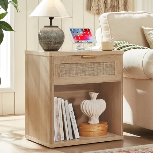 LEYAOYAO Rattan Nightstand with Charging Station, 23" Wide Boho Night