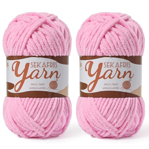 Image of 2 Pack Fluffy Velvet Yarn for Crocheting,Baby Blanket Yarn for Crocheting Soft,100g(131yds) Amigurumi Yarns,Plush Chenille Crochet Yarns,Puzzle Yarn for Crochet Weaving Craft(2 Dark Pink)
