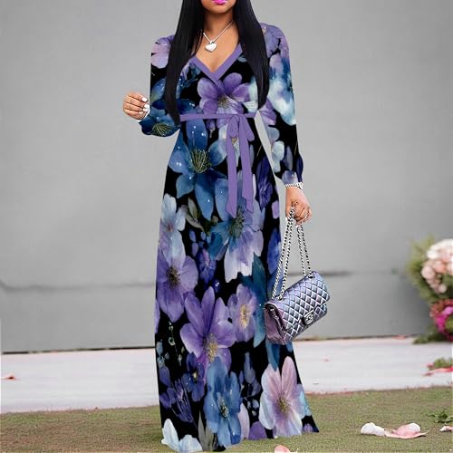 Image of PinkPatty Women's Print Maxi Dresses 3 /4 Sleeve Flowy Long Dress V Neck Wrap Tie Waist Sundress