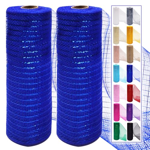 2 Pcs Deco Mesh Ribbon Rolls 10 Inch 10 Yards(30 ft) Decorative Mesh Fabric with Foil for Wreaths Christmas Tree Ribbon Door DIY Craft Halloween Decor Wedding Party Supplies (Royal Blue, 2Pcs)