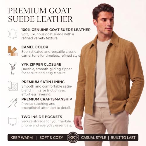 Image of Mens Polo Collar Zipper Suede Shirts Long Sleeve Shacket Suede Trucker Jacket Real Suede Leather Shirt