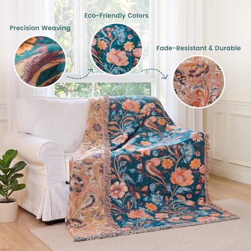 Image of MSGKV Boho Throw Blanket 60 inchx80 inch Fall Vintage Cotton Birds Floral Blanket