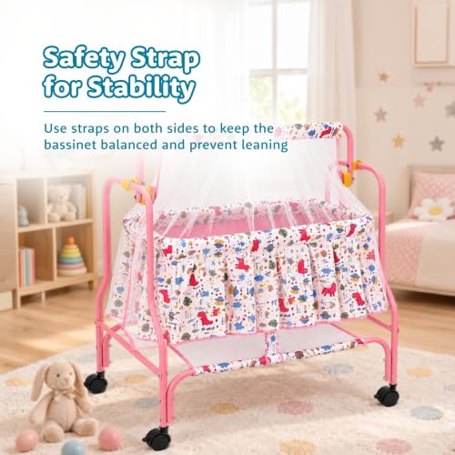 Image of Amazon Brand - Supples Baby Cradle with Swing & Mosquito Net | 0-8 Months | Swing Lock | 4 Wheels with Brake | Soft & Comfortable for Baby Sleep | Sturdy Mild Steel Frame | Pink