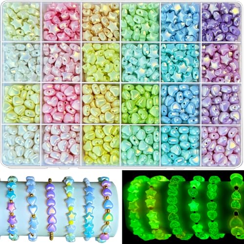 1000Pcs Star Beads Hart Beads Glow in the Dark Beads for Jewelry Making Acrylic UV Beads Color Changing Sun Sensitive Beads Pastel Assorted Cute Luminous Bead for Bracelet DIY Craft (9mm Glow Bead)