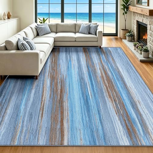 Alfombra interior de pelo corto azul lavable con rayas horizontales 3