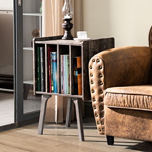 LELELINKY Record Player Stand, Vinyl Record Storage Holder with Wood Legs Up to 100 Albums, Mid-Century Modern Turntable Stand with 4 Cabinet, Grey Vinyl Table Display Shelf for Bedroom Living Room