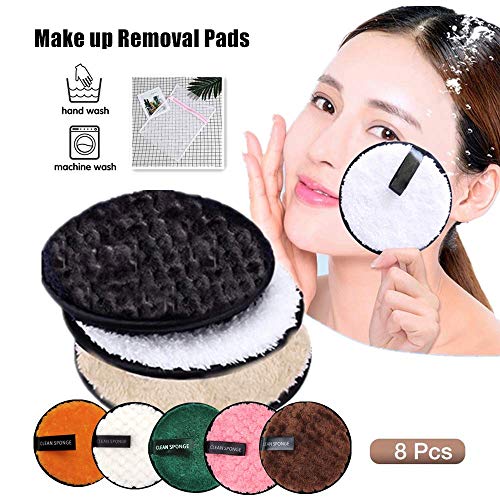 Reusable Make Up Remover Pads, Washable Eco-Friendly Cotton Face Wipes Double-Sided Rounds Removal Pads Face Eye Cleansing Puff for All Skin Types 8 Pack Soft Pads with Mesh Laundry Bag