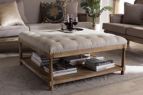 Baxton Studio Valensole French Country Weathered Oak Rectangular Coffee Table Ottoman, Beige Linen #TOP4