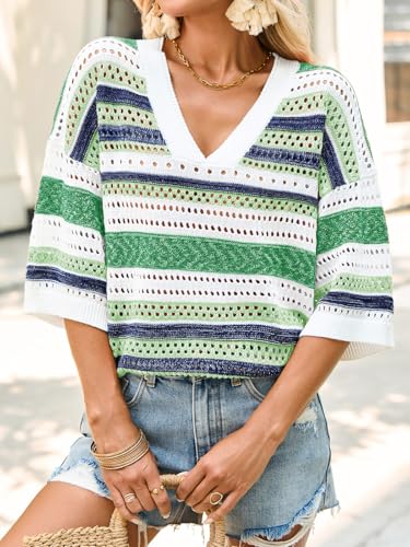 Image of Saodimallsu Womens Short Sleeve Sweaters V Neck Crochet Knit Striped Hollow Out Tops Beach Cruise Outfits