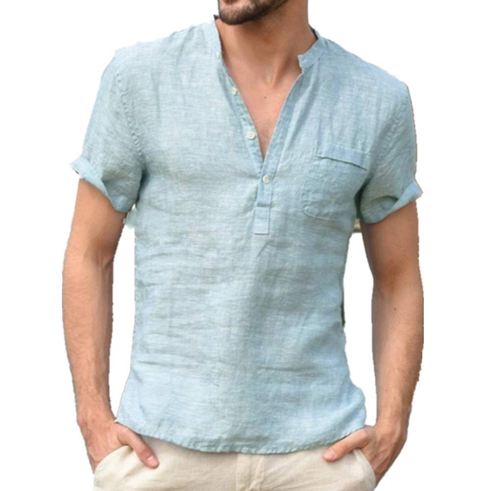 NOBRAND European and American Men Breathable Linen Button V-Neck T-Shirt Foreign Trade Large Cotton