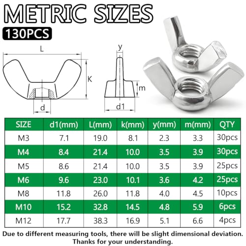 Image of 130PCS Metric Wing Nuts Assortment Kit, 7 Sizes- M3, M4, M5, M6, M8, M10, M12 Zinc Plated Wingnuts Fasteners, Parts Butterfly Wing Nut