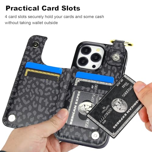 Image of HAOPINSH for iPhone 13 Pro Wallet Case with Card Holder, Black Leopard Cheetah Print Back Flip Folio PU Leather Kickstand Card Slots Case, Finger Grip Ring Double Magnetic Cover 6.1 inch