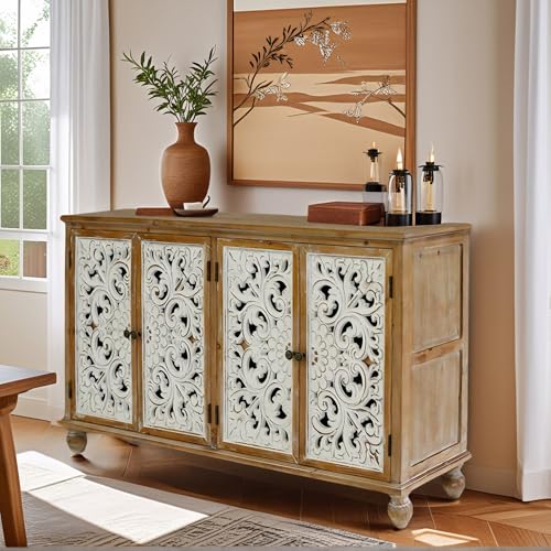 Image of Hand-Carved Wood Buffet Cabinets - Solid Wood Storage Cabinet,Entry Way Cabinet with Storage for Living Room & Kitchen,Dining Room Storage Cabinet with Doors and Shelves
