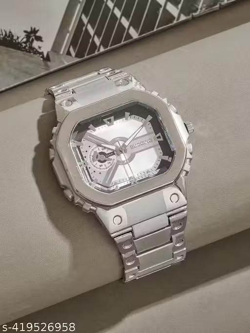 Image of Square Case Analog Watch, Silver Metal Bracelet, Skeleton Dial, Stainless Steel