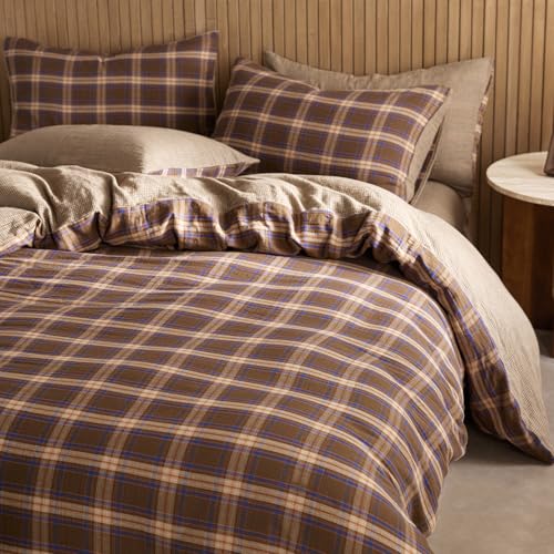 Image of EAVD Vintage Style Brown&Blue Plaid Duvet Cover Full Soft 100% Muslin Cotton Brown Green Blue Grid Checkered Plaid Bedding Set with 2 Pillowcases Reversible Gingham Duvet Cover with Zipper