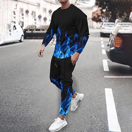 Muscularfit Men's Casual Tracksuit Long Sleeve Running Jogging Sweatsuit Causal Long Sleeve 3D Flame Print Sweatsuit 2 Piece2