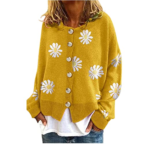 Cute Daisy Flower Cardigan Sweaters Women Teen Girls Long Sleeve Open Front Y2K Tops Fashion V Neck Knitted Outerwear