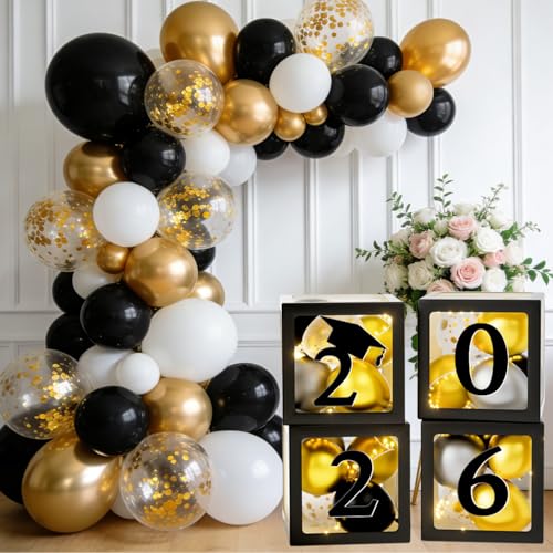 Image of Graduation Decorations Class of 2026 - Black and Gold Graduation Decorations - Balloons Boxes with Letters 2026 GRAD So Proud of You, Congrats Grad Party Decorations for Any Grades