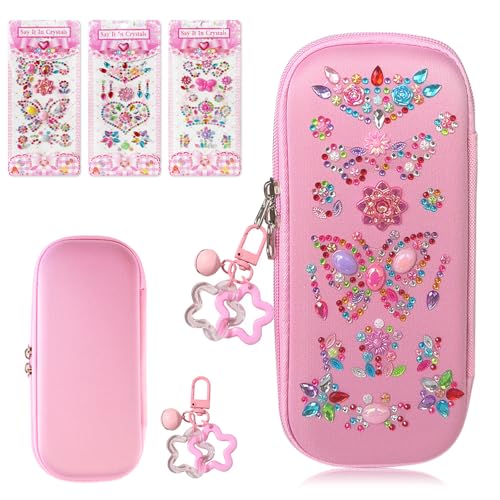 Avalessia DIY Diamond Arts and Crafts Stickers Pencil case for Girls, 3 Sheets Fun Gem Sticker Kit with Pencil Pouch ，for Kids Ages 4-6-8-12 Birthday Gifts, Teen Girls for School Supplies (Pink)