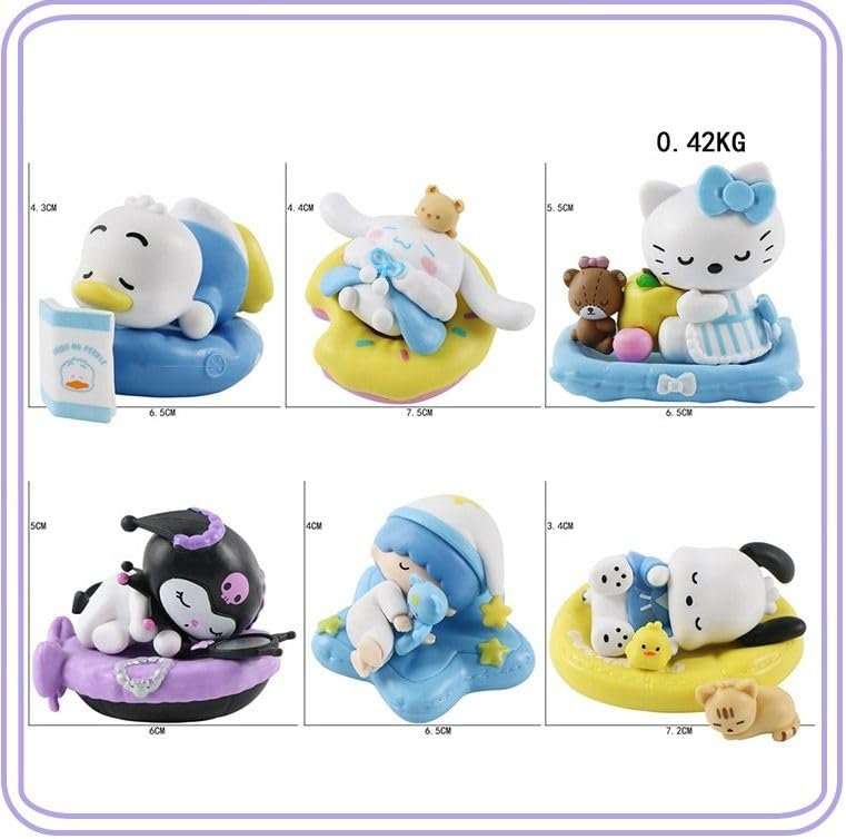 Image of BOENJOY Gifts- Hello Kitty Kuromi Mini Figures Set, 6 Pcs Collectible Sleeping Figurines, Desk Decor, Cake Toppers, Anime Model Toys for Kids & Collectors