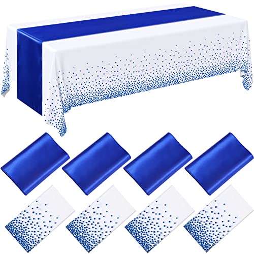 Image of Breling 8 Pack Royal Blue Disposable Plastic Tablecloths and Satin Table Runner Set, 54 x 108 Inch Tablecloth, 12 x 108 Inch Table Runners for Wedding Graduation Birthday Baby Shower New Year