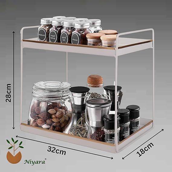 Image of Niyara Iron Metal Heavy Duty Stand 2-Tier multistorage /Multipurpose Standing Rack, Bathroom Countertop Storage Shelf Cosmetic Organizer Holder Kitchen Spice Rack, (Square White with Gold)