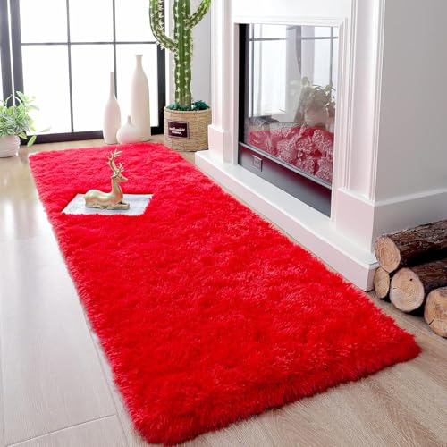 Image of Carpet for Hallway, Kitchen, and Modern InteriorsCarpetCozy Shag Runner for Living Room, Bedroom & Office Decor ETC Size 1.5x3 feet, Patten-Solid Red
