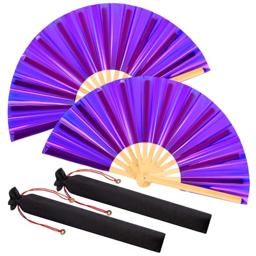 Image of Maitys Large Rave Fan Folding Handheld Fans 13'' Clap Fans for Line Dancing Clack Fan Holographic Festival Accessory for Martial Art Gift Performance, Includes 2 Pouch