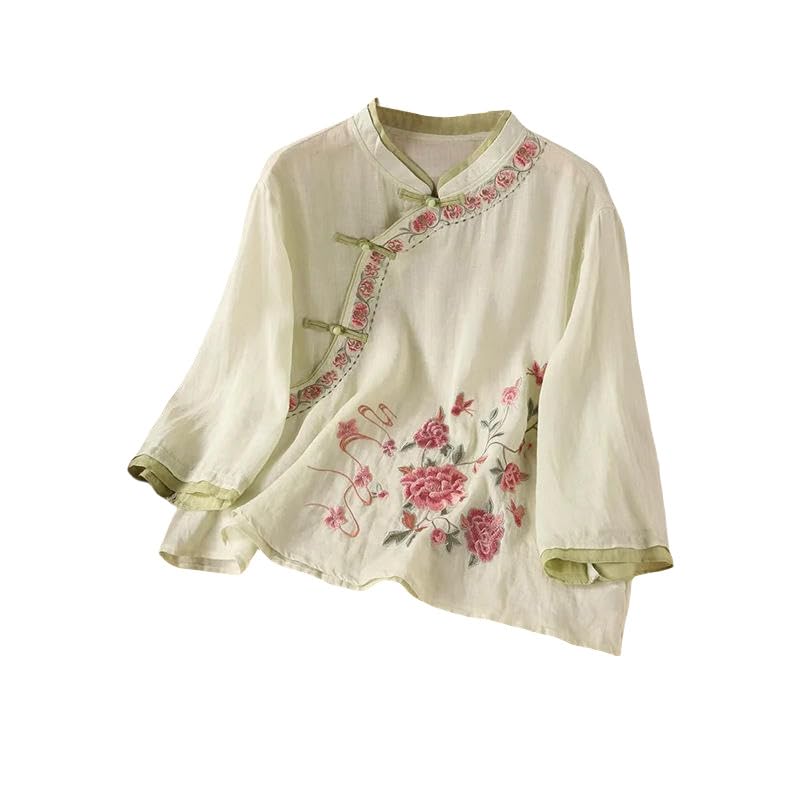 Chemisier asymétrique brodé femme coton et lin - Tunique manches 3/4 style ethnique rétro
