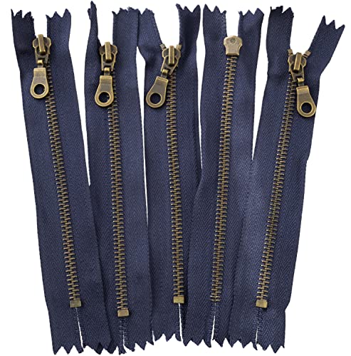 AERZETIX - C61375 - Juego de 5 Cremalleras no separables 16cm en metal con tirador decorativo - cierre de cremallera - azul oscuro - cursor marroquinería costura vestido ropa pantalones mercería