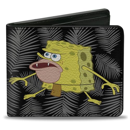 Buckle-Down Men's Nickelodeon Wallet, Bifold, Primitive Sponge Pose Leaves Black Gray, Vegan Leather, Spongebob Squarepants, 4.0