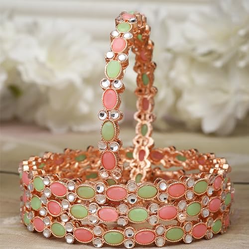 Image of ZENEME Rose Gold-Plated Lime Green & White Oval Shaped AD studded Handcrafted Bangles Set for Girls and Women (Set Of 4) (2.8)