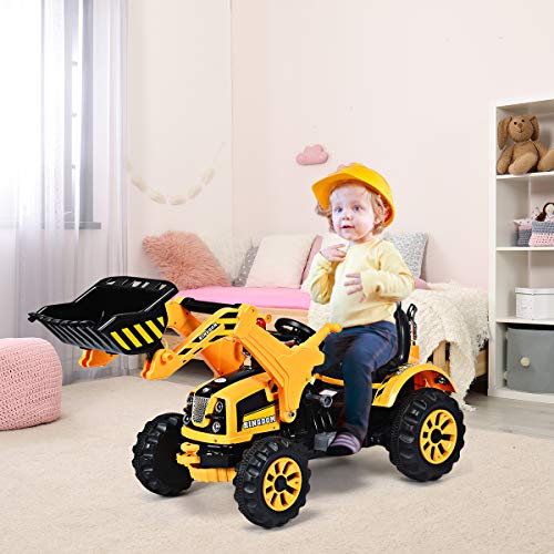 HONEY JOY Kids Ride On Excavator, 12V Battery Powered Pretend Play Construction Tractor Toy with Horn