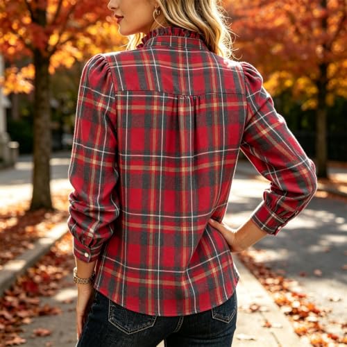 moolBeko Plaid Shirt Women Dressy Casual Long Sleeve Henley Ruffled Blouse - image 7