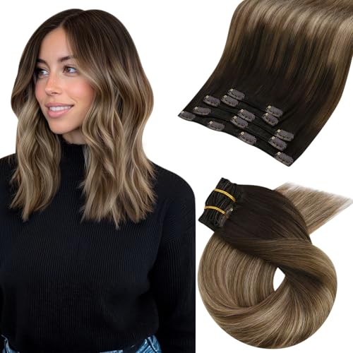Moresoo Extensiones de Clip de Pelo Natural Remy Extensiones Pelo Natural Clip Balayage Marrón a Marrón Dorado con Rubio Ceniza Oscuro Extensiones de Pelo Humano 35 cm 5pcs 70g #4/10/16