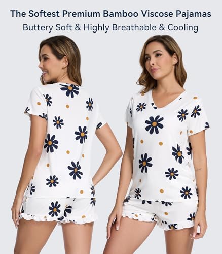 Image of WiWi Womens Pajamas Set Bamboo Viscose Super Soft Short Sleeve Top Ruffle Shorts Sleepwear Cooling Pj Sets S-XXL