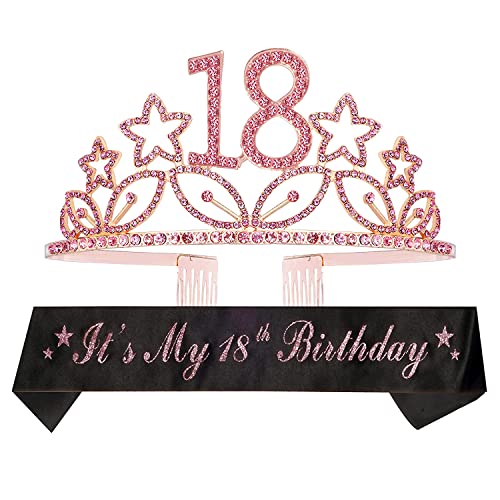 18th birthday sash and tiara for women - fabulous set: glitter sash + stars rhinestone pink premium metal tiara, 18th birthday gifts for women party