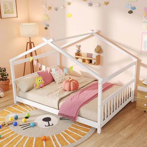 GORELAX Full Bed Frame, Low Floor Kid House Bed with Roof, Montessori Floor Bed, Headboard &...