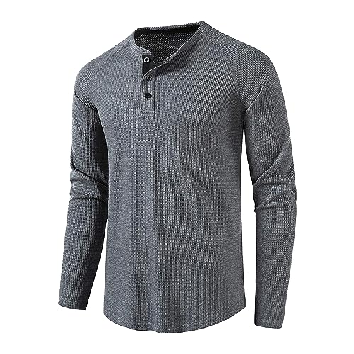 JEShifangjiusu Men's Casual Crew Neck Long Sleeve Blouse Lightweight Waffle Henley Thermal Underwear Slim 3 Button T Shirts (Large,Dark Grey)