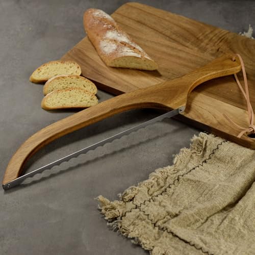 HGTC Wooden Bread Bow Knife, Acacia wood - Serrated Sourdough Cutter for Homemade Bagels, Baguettes and More - Right-Handed, Cuts Thin, Even Slices - Premium Stainless Steel